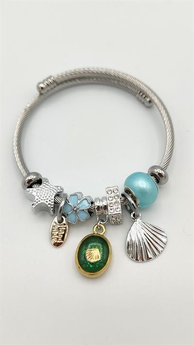 yeşil deniz kabuğu charm çelik pandora bileklik (gümüş renk)