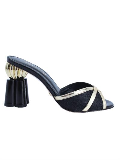 POLETTO  HAKİKİ DERİ /TEKSTİL ALTIN-SIYAH Terlık Topuklu 380 10