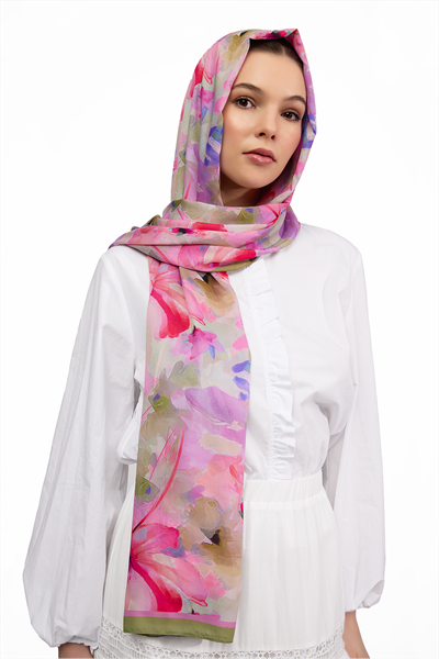 AQURA Çiçek Desenli Şal - Zeytin Yeşili-Pembe