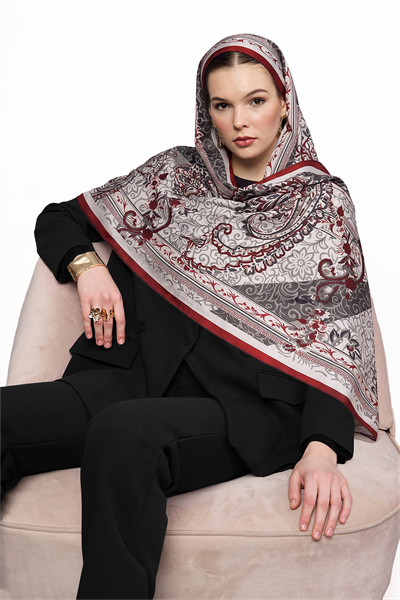 SHINA Parlak Bloomark Desenli Baskılı Şal – Açık Bordo-Gri-Taş