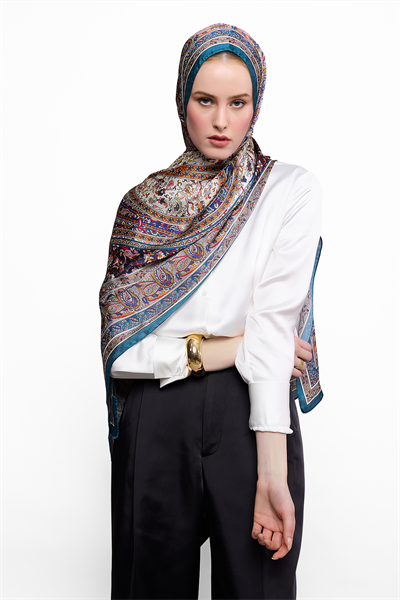 SHINA Parlak Paisley Desenli Baskılı Şal – Petrol & Lacivert & Krem