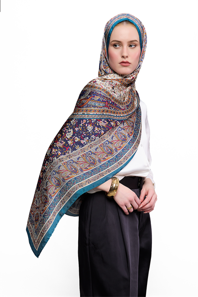 SHINA Parlak Paisley Desenli Baskılı Şal – Petrol & Lacivert & Krem