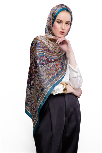 SHINA Parlak Paisley Desenli Baskılı Şal – Petrol & Lacivert & Krem