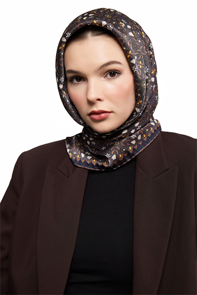 SHINA Parlak Paterna Desen Eşarp - Kahve-Gold
