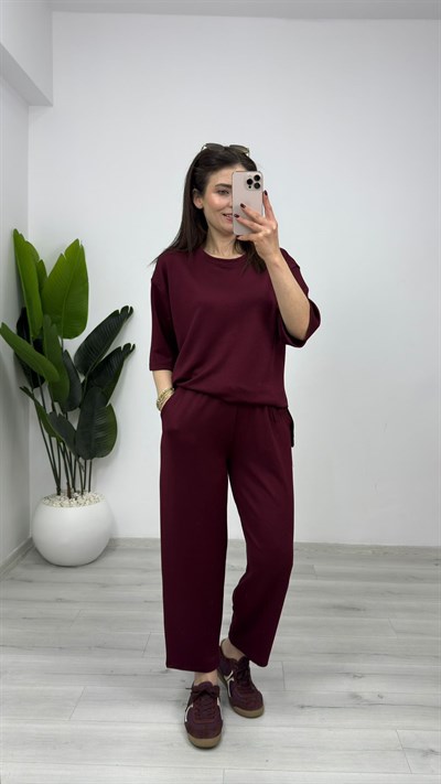 1035 Tunik Balon Pantolonlu Modal Takım Bordo