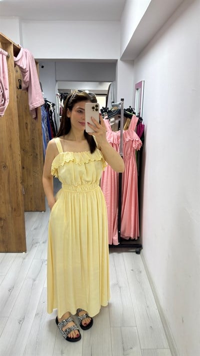 1313 Güpür Detaylı Askılı Beli Lastikli Elbise Sarı