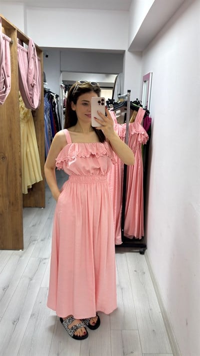 1313 Güpür Detaylı Askılı Beli Lastikli Elbise Pembe