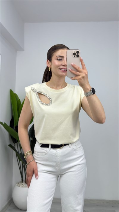 3302 Damla Taş Detaylı Vatkalı Tişört Sarı