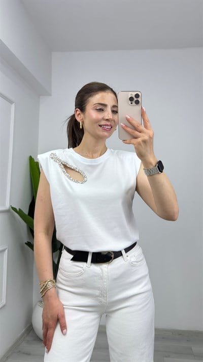 3302 Damla Taş Detaylı Vatkalı Tişört Ekru
