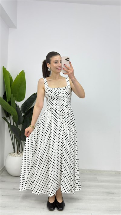 3917 Puantiyeli Askılı Beli Lastikli Elbise Beyaz