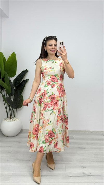 3932 Düğüm Detaylı Batik Elbise Desenli Krem