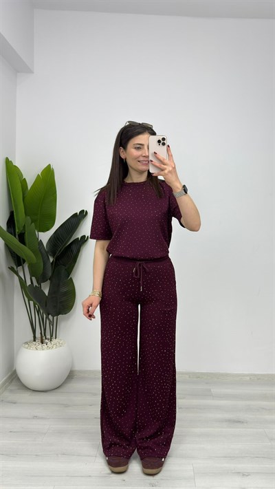 4250 Bisiklet Yaka Serpme Taşlı Modal Takım Bordo