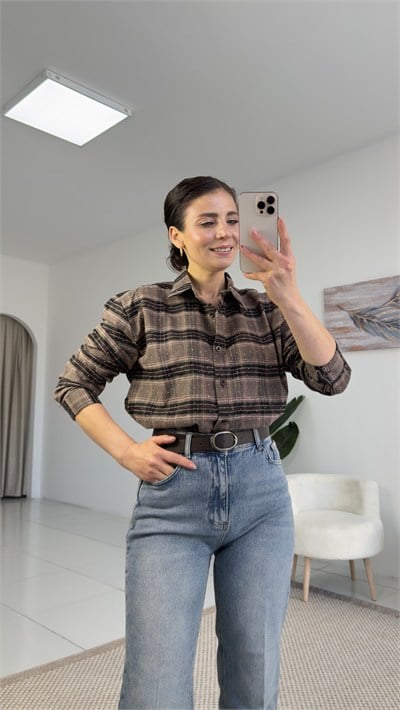 8830 Taş Detaylı Ekose Gömlek Camel