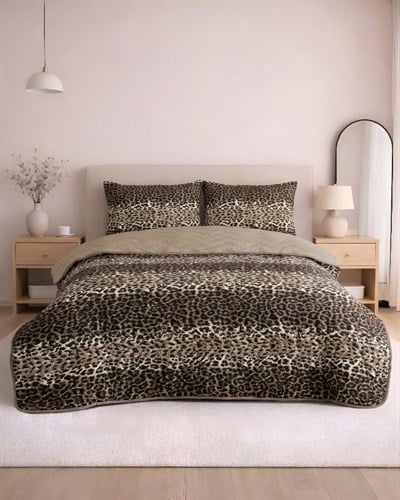 Premium Çift Kişilik Pamuklu Kapitone Çok Amaçlı Pike & Yatak Örtüsü / Leopar Desen