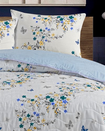 Premium Çift Kişilik Pamuklu Kapitone Çok Amaçlı Pike & Yatak Örtüsü Çiçek Bahçesi Mavi