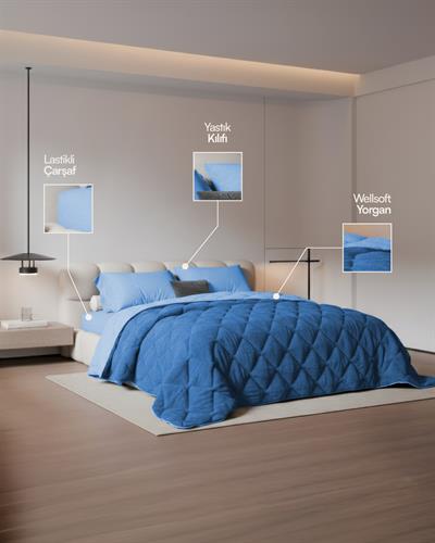 Çift Kişilik Welsoft Yorgan Uyku Seti Mavi 160x200 Lastikli Çarşaflı