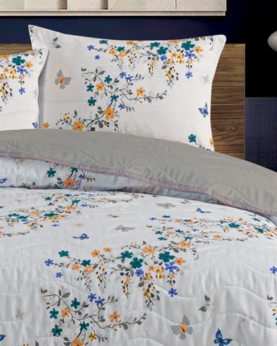 Premium Çift Kişilik Pamuklu Kapitone Çok Amaçlı Pike & Yatak Örtüsü Çiçek Bahçesi Mavi