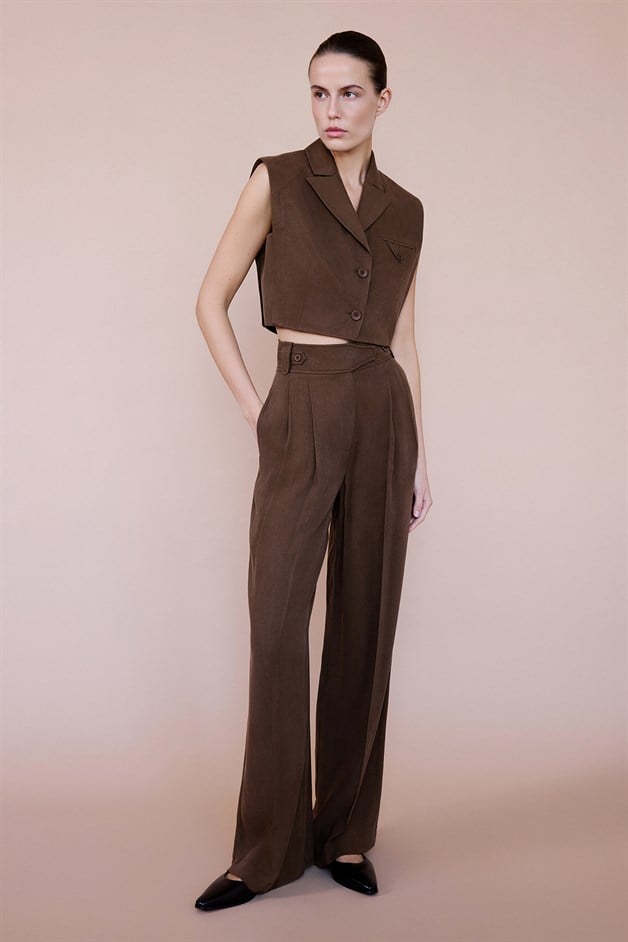 Yüksek Bel Geniş Paça Pileli Kahve Pantolon