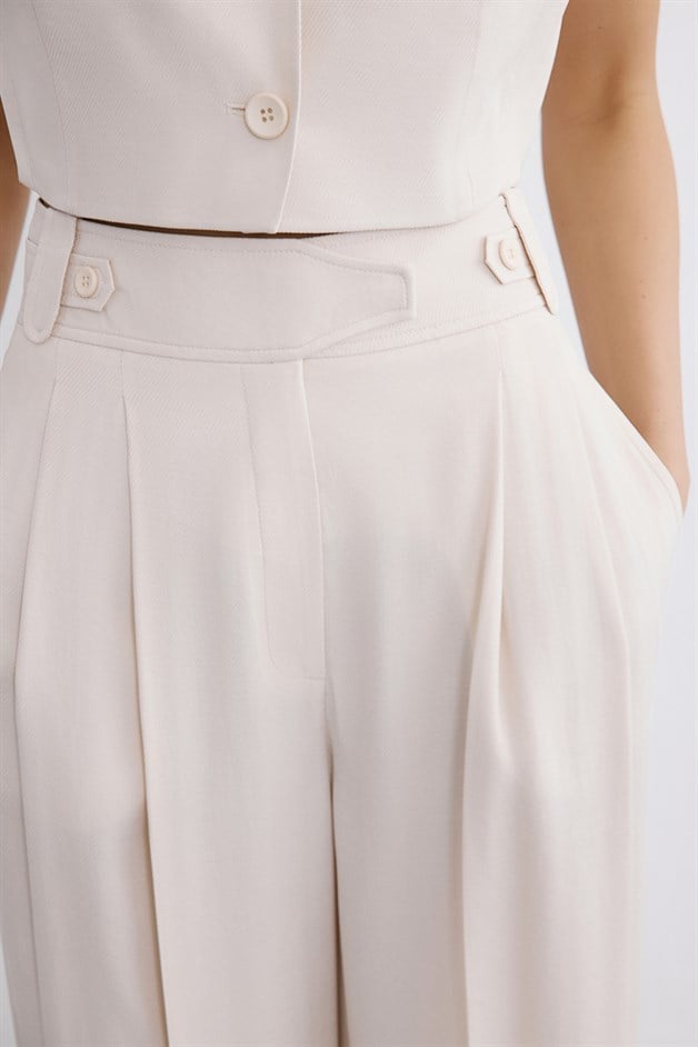 Yüksek Bel Geniş Paça Pileli Bej Pantolon