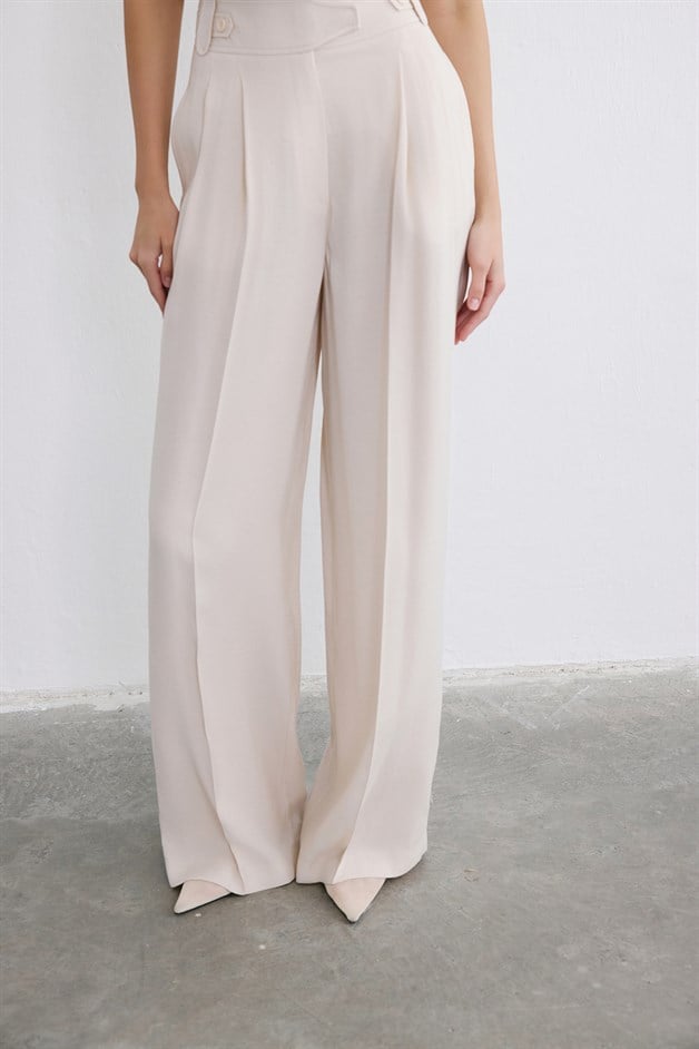 Yüksek Bel Geniş Paça Pileli Bej Pantolon