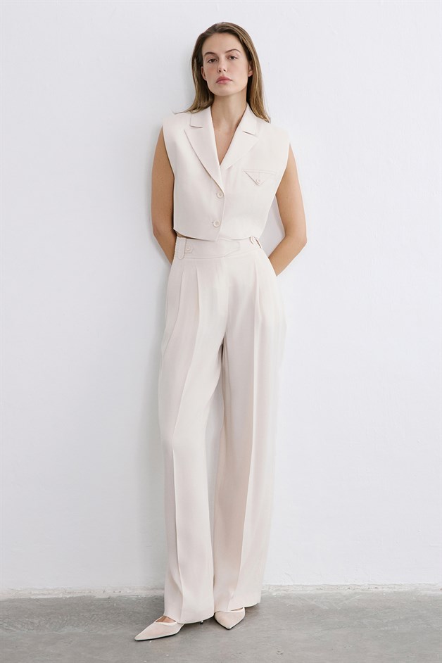 Yüksek Bel Geniş Paça Pileli Bej Pantolon