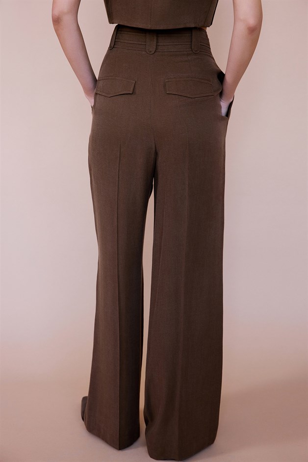 Yüksek Bel Geniş Paça Pileli Kahve Pantolon