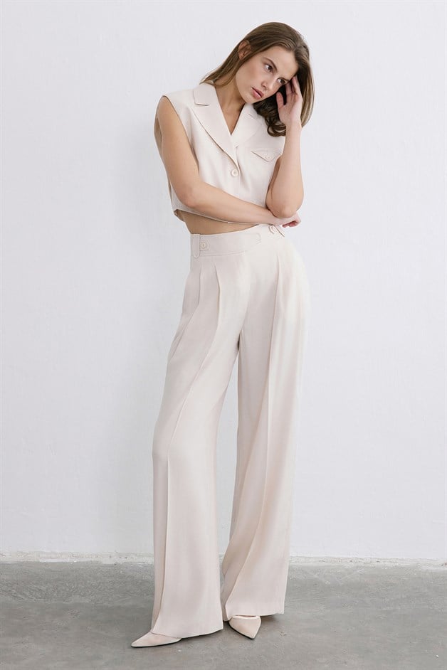 Yüksek Bel Geniş Paça Pileli Bej Pantolon