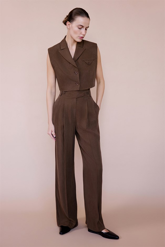 Yüksek Bel Geniş Paça Pileli Kahve Pantolon