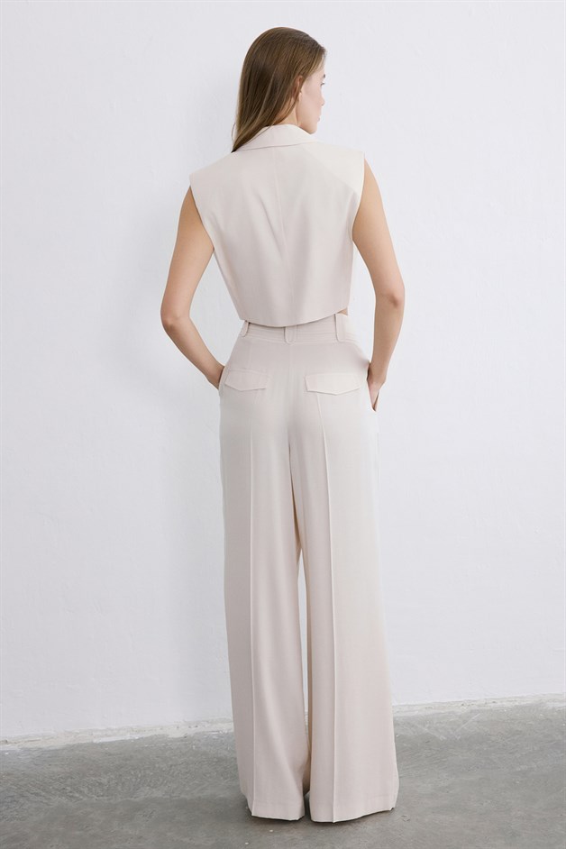 Yüksek Bel Geniş Paça Pileli Bej Pantolon