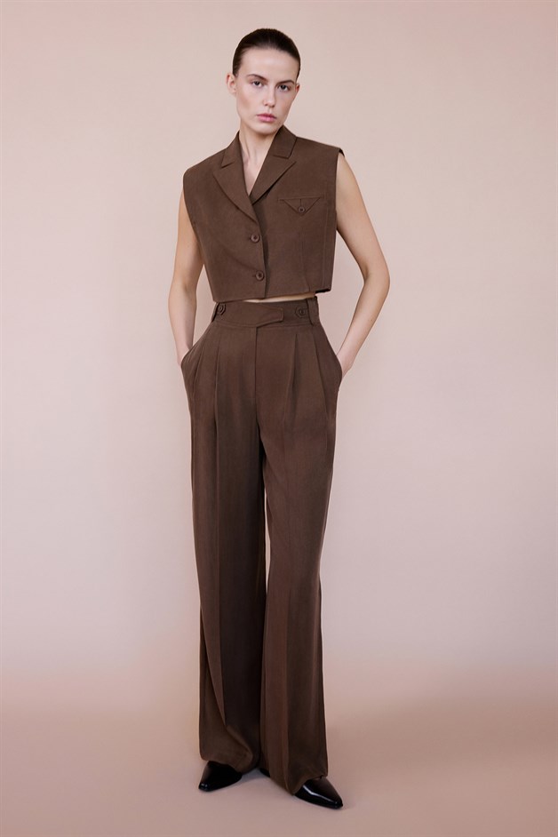 Yüksek Bel Geniş Paça Pileli Kahve Pantolon