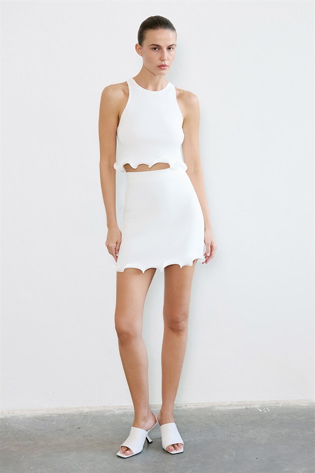Elastic Knit Mini Ecru Skirt