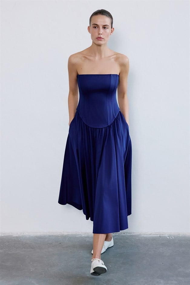 Straplez Balenli Midi Poplin Lacivert Elbise