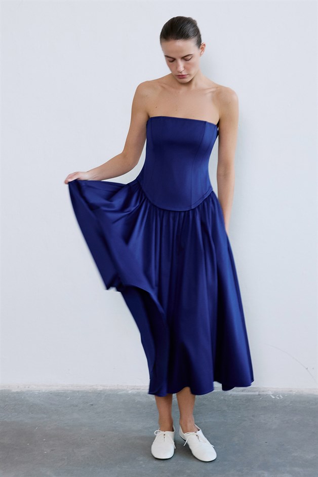 Straplez Balenli Midi Poplin Lacivert Elbise