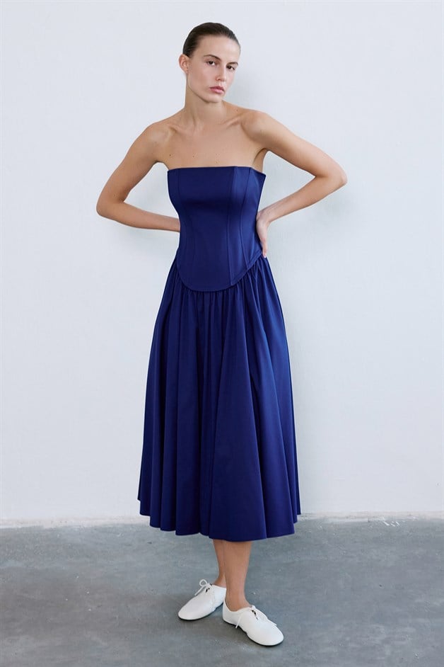 Straplez Balenli Midi Poplin Lacivert Elbise