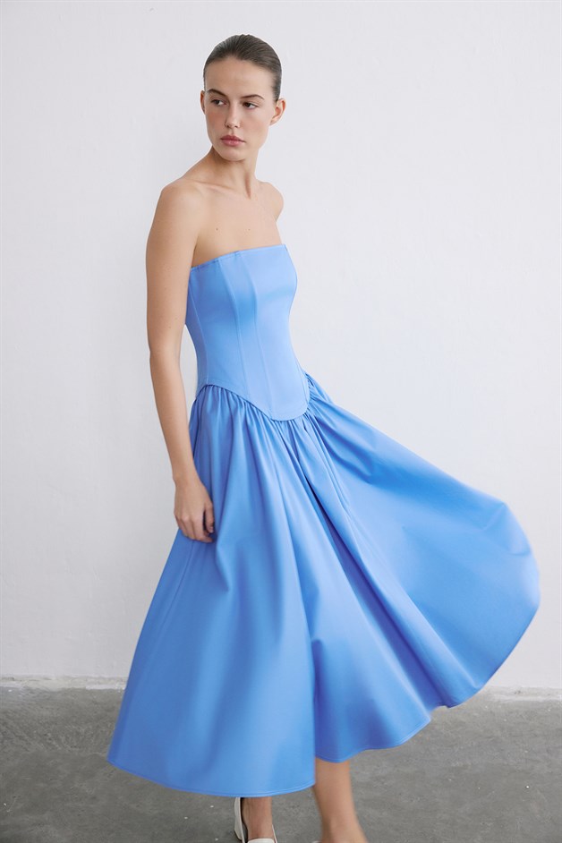 Straplez Balenli Midi Poplin Mavi Elbise