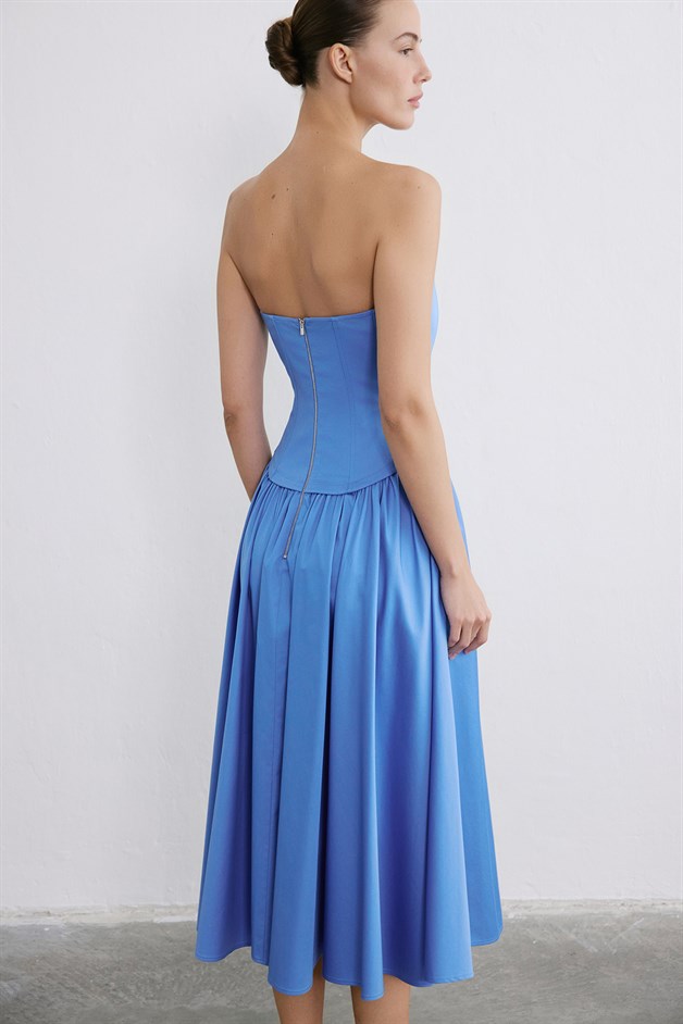 Straplez Balenli Midi Poplin Mavi Elbise
