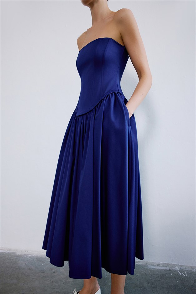Straplez Balenli Midi Poplin Lacivert Elbise