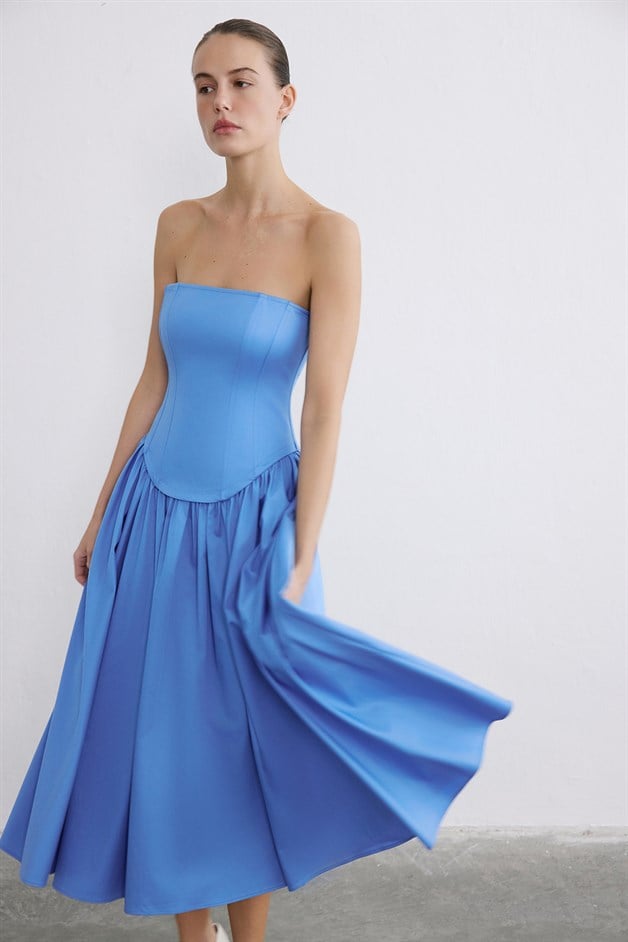 Straplez Balenli Midi Poplin Mavi Elbise