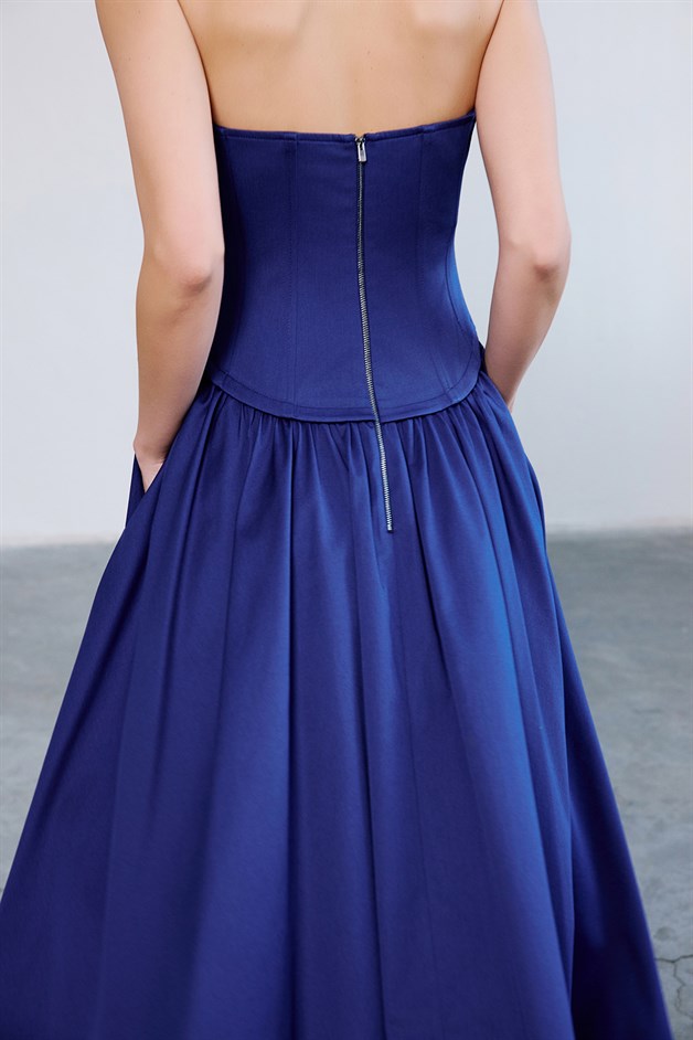 Straplez Balenli Midi Poplin Lacivert Elbise