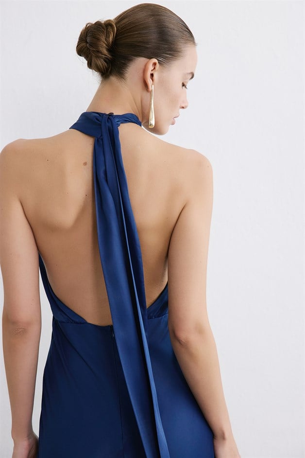 Boyundan Bağlamalı Lacivert Elbise