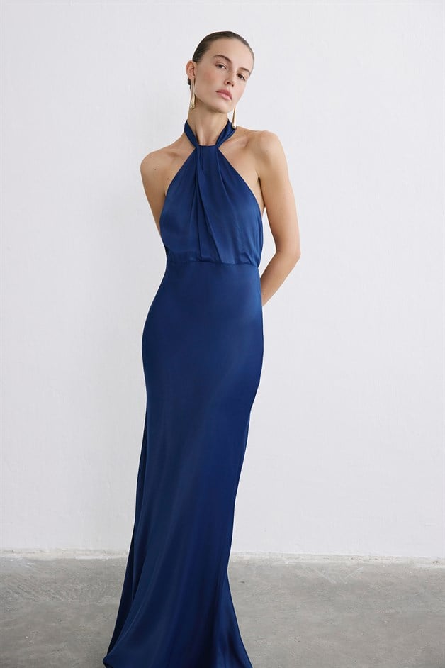 Boyundan Bağlamalı Lacivert Elbise