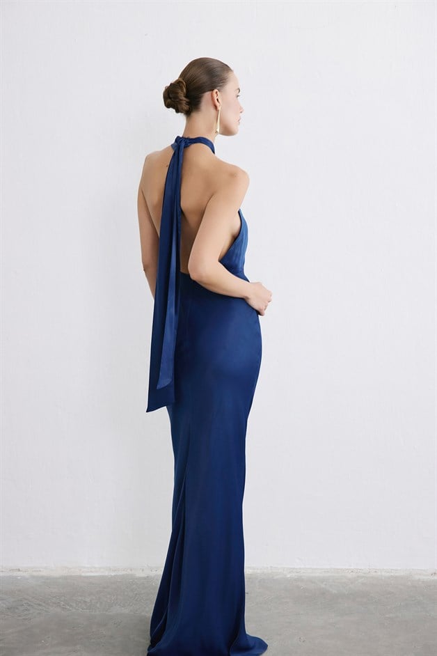 Boyundan Bağlamalı Lacivert Elbise