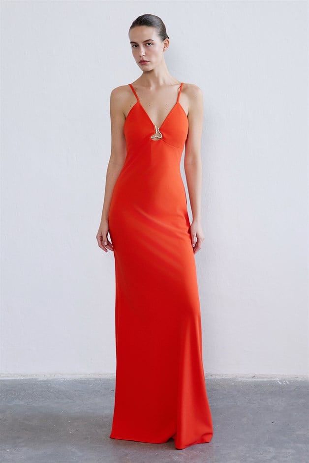 İnce Askılı V Yaka Narçiçeği Maxi Elbise