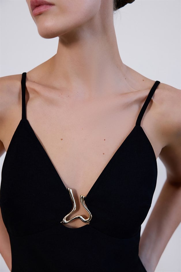 İnce Askılı V Yaka Siyah Maxi Elbise