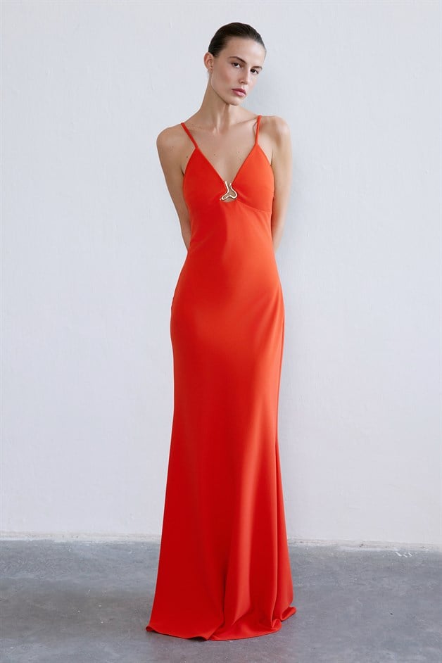 İnce Askılı V Yaka Narçiçeği Maxi Elbise