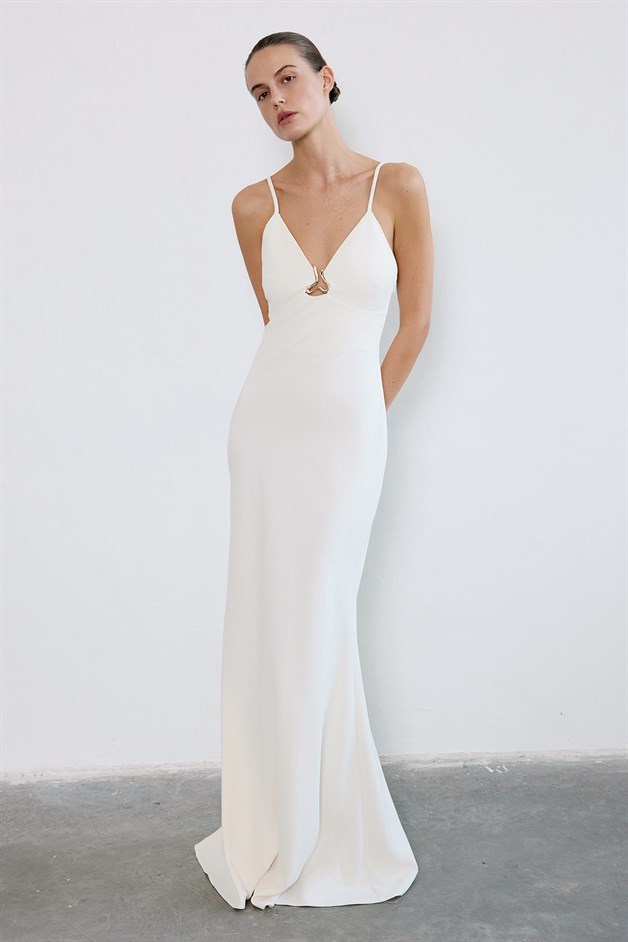 İnce Askılı V Yaka Ekru Maxi Elbise