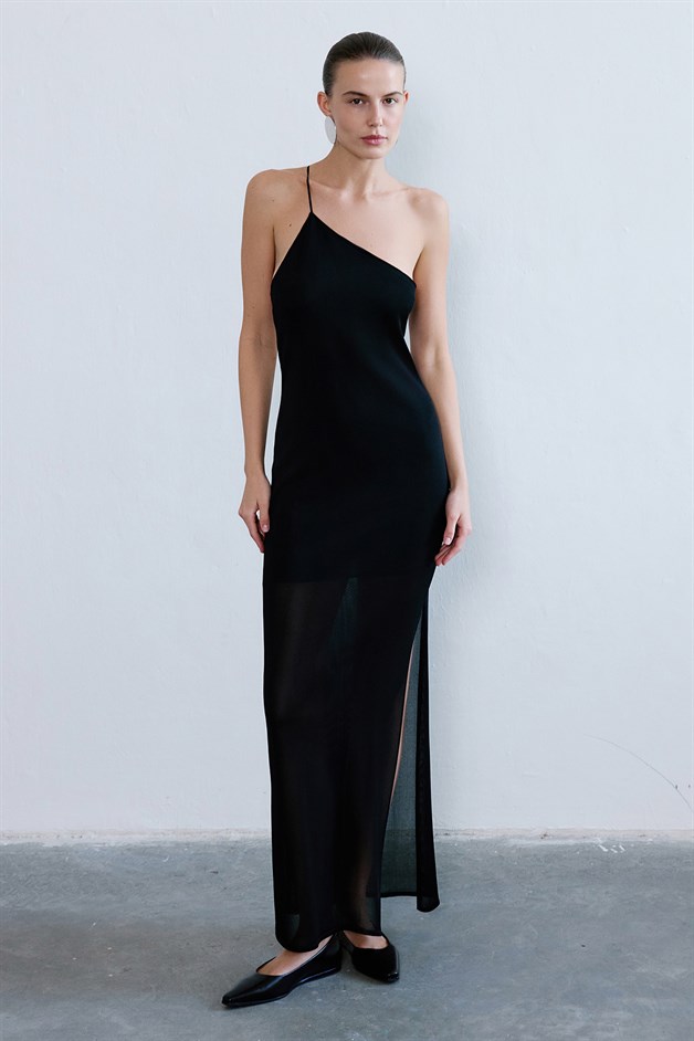 Tek Omuz Yırtmaçlı Triko Uzun Siyah Elbise