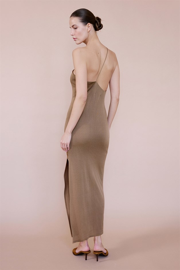 One Shoulder Slit Knit Long Tobacco Dress