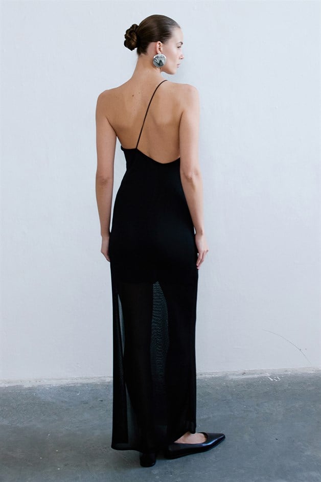 Tek Omuz Yırtmaçlı Triko Uzun Siyah Elbise