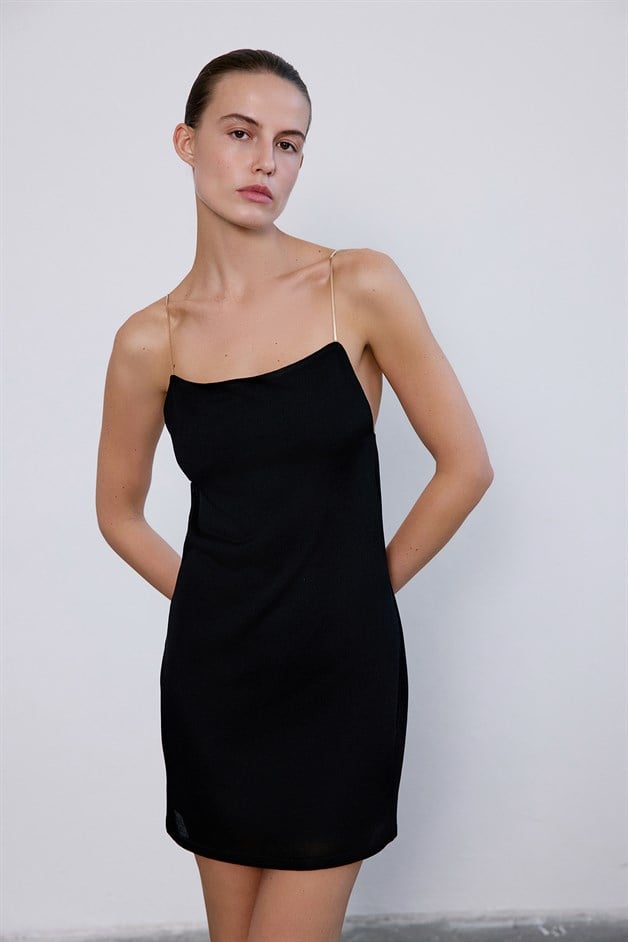 Chain Strap Knit Mini Black Dress